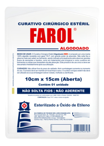 Curativo Cirúrgico Estéril Algodoado 10x15cm 30un Farol