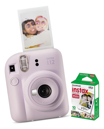 Kit Câmera Instax Mini 12 Com Pack 10 Fotos E Bolsa Lilas Cor Cinza
