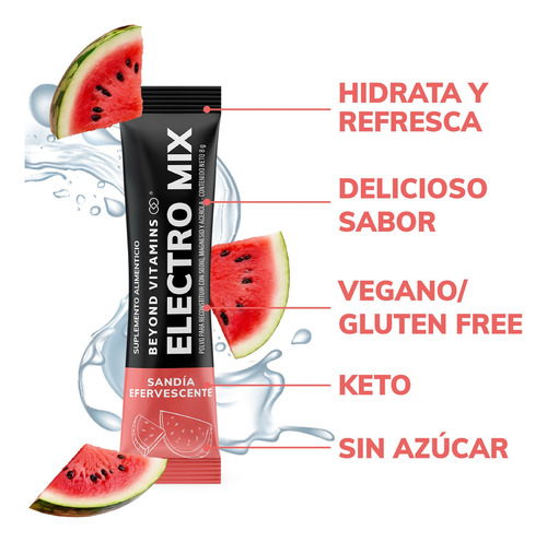 Electrolitos Sin Azúcar En Polvo Beyond Vitamins | Hidratación Baja En Calorías, Apto Dieta Keto | 20 Sticks Individuales - Sabor Sandía Efervescente