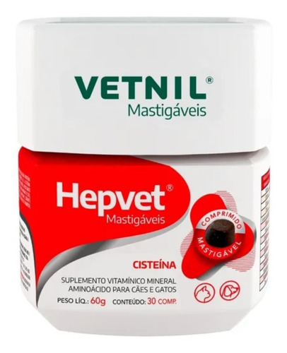 Hepvet Mastigavel 30 Comprimidos Vetnil Suplemento Cisteina