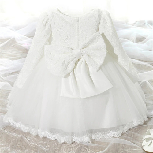 Vestido Com Laço Festa Batizado Bebe 2 Meses A 1 Anos Branco