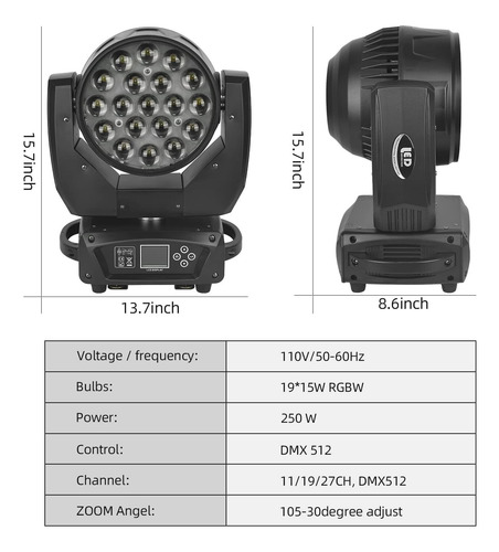 Luz De Cabeza Móvil Rgbw 19x15w Dmx For Eventos Y Bodas