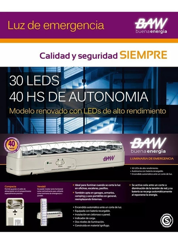 Luz De Emergencia 30 Leds Autonomia 40 Horas Hs Baw Led