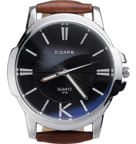 Relógio Luxo Korps 1319 Prata Fundo Preto Pulseira Couro