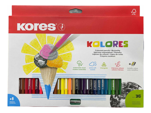 Creyones De Madera Kores 36 Colores +sacapuntas Gratis