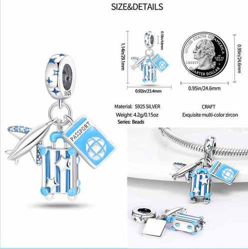 Charm Dije Viaje Avion Valija Y Pasaporte Para Pulsera O Cad Azul Claro