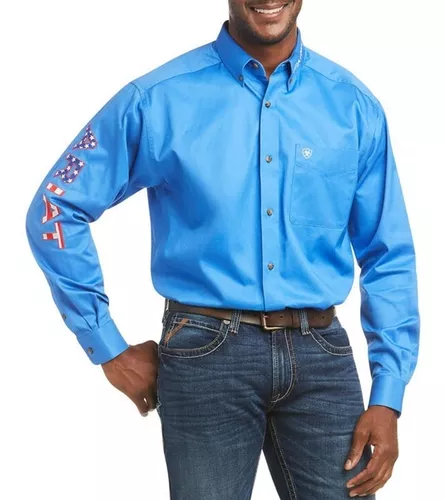 Ariat homens vastidão azul camisa retro fit hadder topos THT4P1378