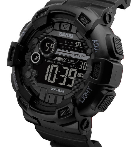 Reloj pulsera Skmei 1243 de cuerpo color negro, digital, para hombre, fondo negro, con correa de poliuretano color negro, dial gris, minutero/segundero gris, bisel color negro, luz celeste y hebilla simple