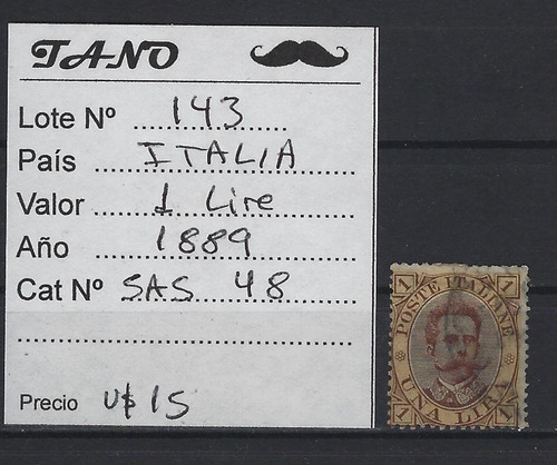 Lote143 Italia 1 Lira Año 1889 Sassone#48 Usado
