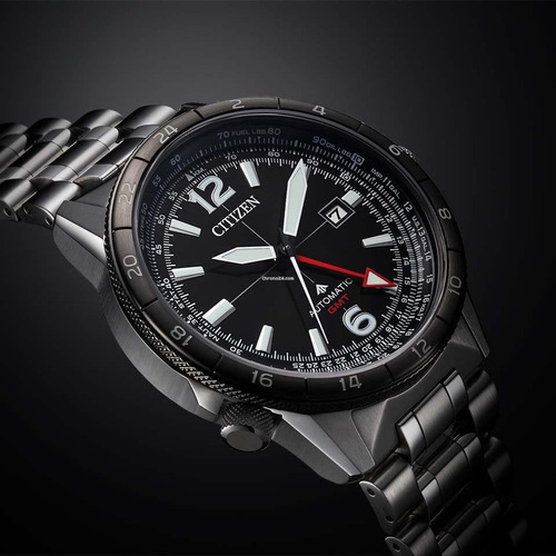 Citizen Black Dial Gmt Sky Promaster Nb6046-59e Correa Plata Bisel Plata Fondo Negro