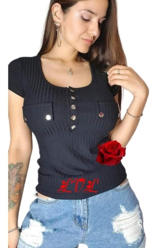 Remera Sexy Con Broches Manga Corta De Morley