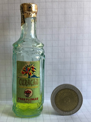 Antigua Botellita Miniatura Tres Plumas Licor Curacao 53 Zwt