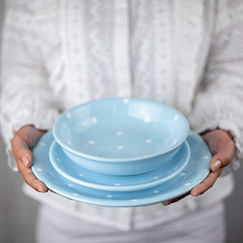 Plato Llano Esmaltado Con Lunares De Cerámica Blanca Y Azul