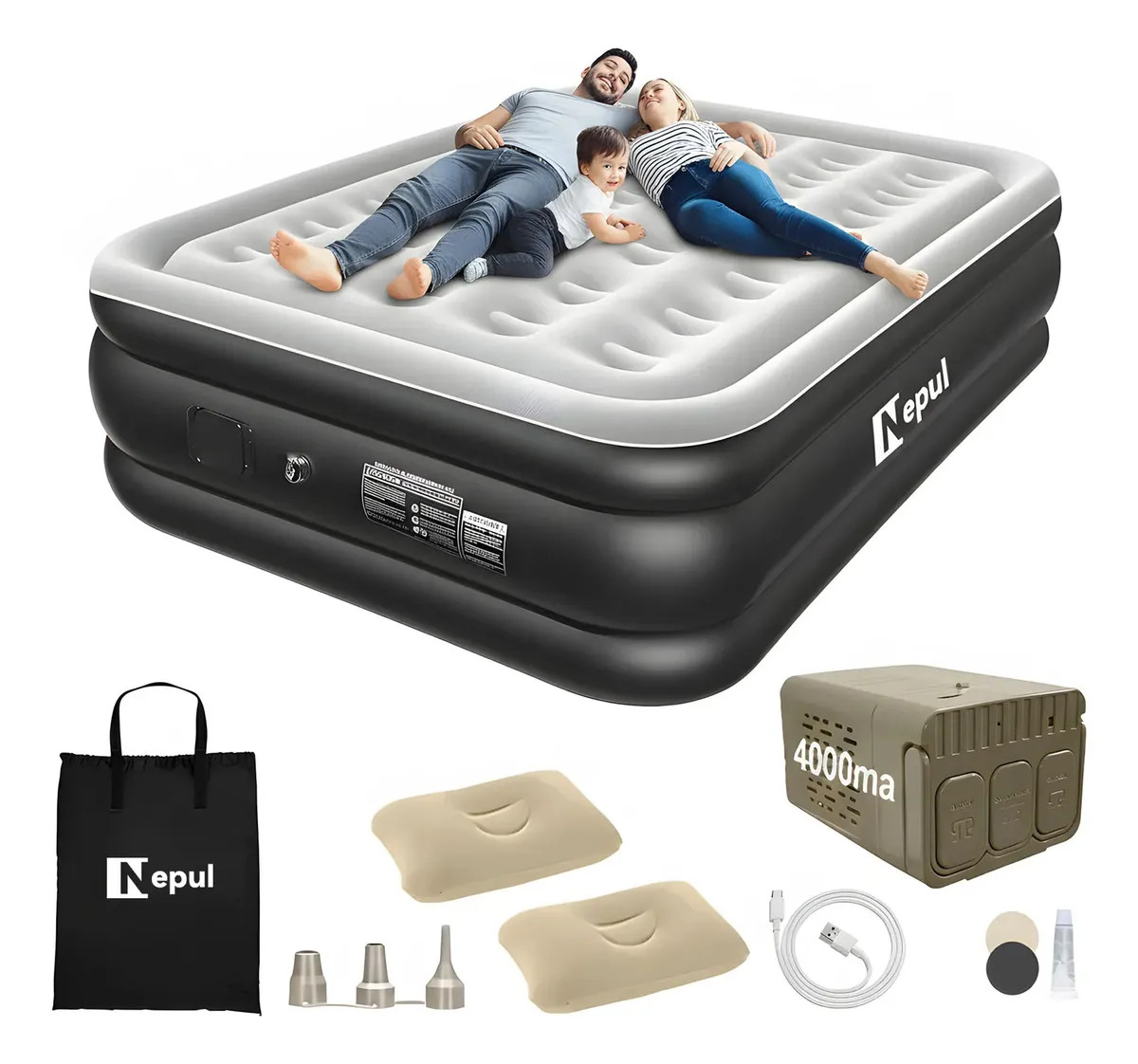 Colchão Inflável Queen Nepul Duplo Com 2 Travesseiro Inflável NE-999 cor Cinza