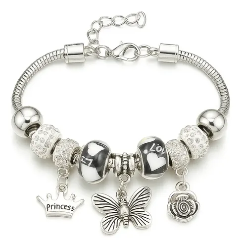 Pulseira De Prata Com Pingentes Elegantes Exclusiva Feminina