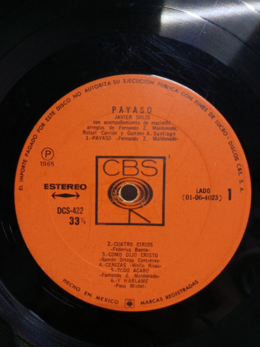 Lp Javier Solís Payaso Album Mexicano D 1965 Primera Edición Estándar (Usado)