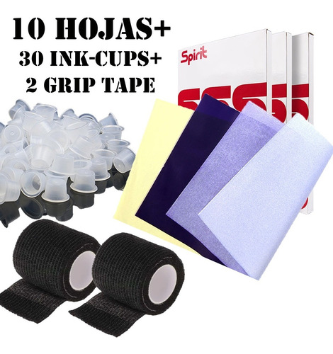 Ink Cups Caps 30 Pcs+ Papel Hecográfico 10pcs+ Grip Tapes 2p