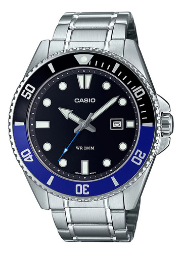 Reloj Casio Hombre Mdv-107d-1a2 Analogico 200m Acero Inox Color De La Malla Plateado Color Del Bisel Azul Y Negro Color Del Fondo Negro