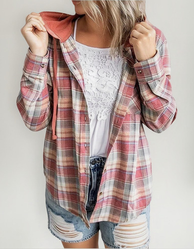 Camisas Manga Larga Para Mujer A Cuadros Con Capucha Cordón