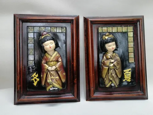 Cuadro Japonés Antiguo En Madera Y Ceramica Al Oleo Relieve (Usado)