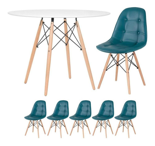 Mesa Jantar Eames 100 Cm + 5 Cadeiras Estofada Eiffel Botonê Cor Azul