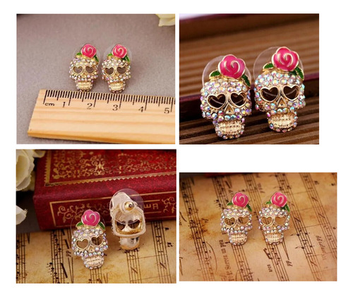 Aretes Calavera Rosas Dia Muertos Halloween Pack