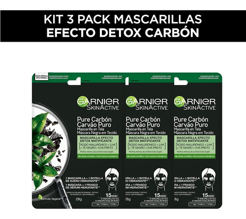 Imagen 1 de 5 de Kit Garnier 3 Pack Mascarilla Facial En Tela Pure Carbón