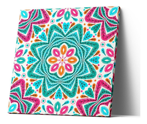 Cuadro Canvas Mándala Estilo Huichol Turquesa Rosa 40x40 Cm