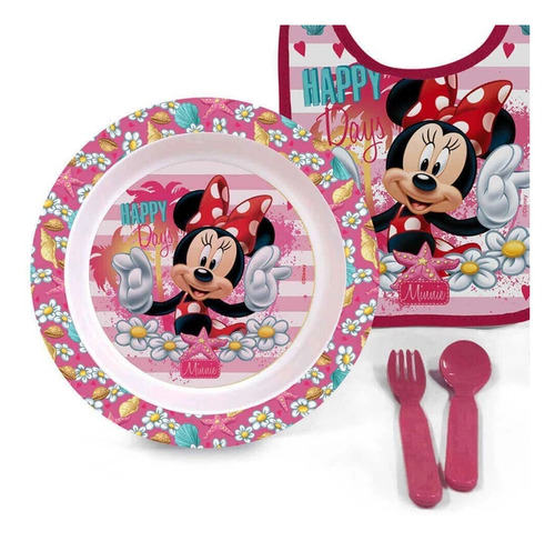 Imagem 4 de 7 de Kit Hora Da Papinha Minnie Disney Babador Prato Talher Copo