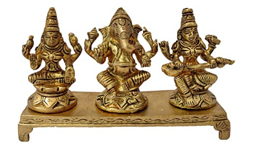 Estatua De Latón Dorado Señor Ganesha Laxmi Y Saraswati En C