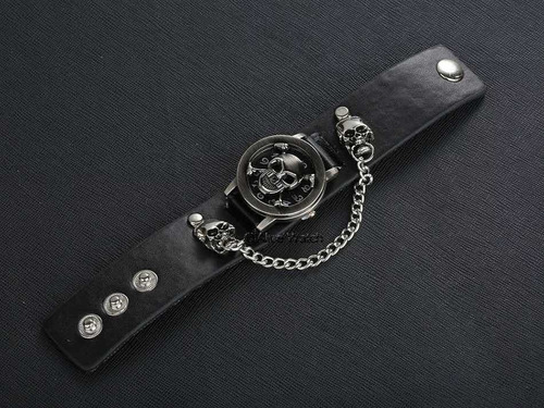 Reloj Calavera Rock Hombre * * Con Cadena Y Calaveras * * Correa Negro Bisel Plateado Fondo Negro
