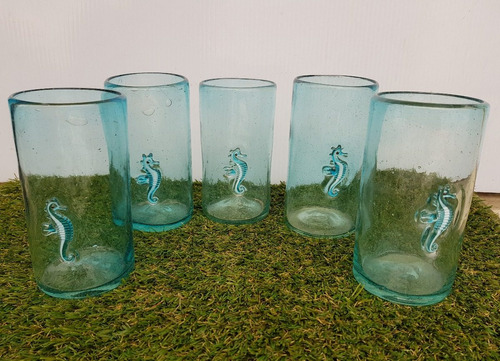 5 Vasos Vidrio Soplado Caballito Mar Artesanía Mexicana