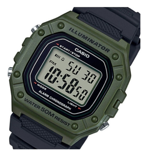 Reloj de pulsera Casio Youth W-218H de cuerpo color verde, digital, para hombre, fondo gris, con correa de resina color negro, dial negro, minutero/segundero negro, bisel color verde, luz ámbar y hebilla simple