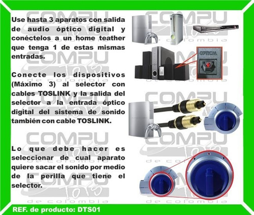 Imagen 3 de 6 de Selector Toslink Fibra Óptica 3x1 Ref: Dts01 Computoys Sas