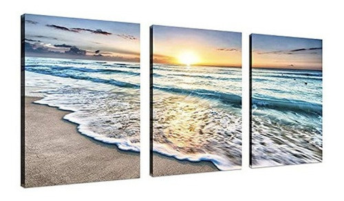 Tríptico De Pared Con Pintura De Puesta De Sol En La Playa