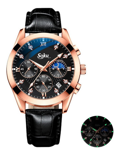 Reloj Cuero Cronometro Real Fechador Original Impermeable Color De La Correa Negro