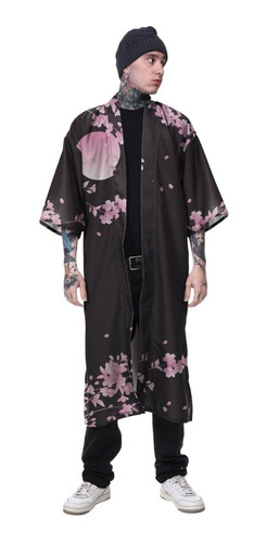 Kimono Haori Longo Sakura Kitsune Japão Floral Tigre Flores