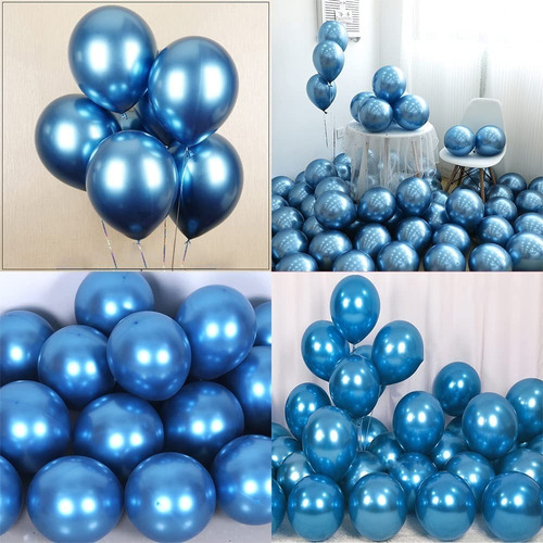 50 Globos Chrome 12 Pulgadas Cromados Metalicos Azul Helio