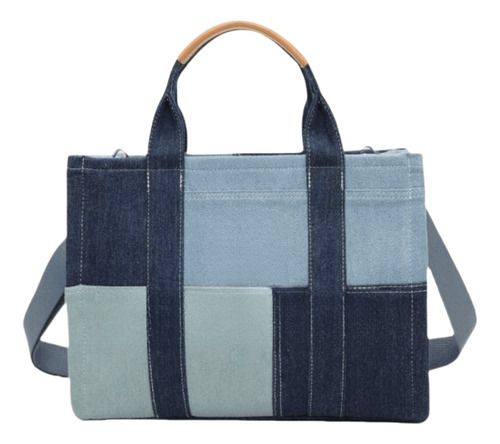 Bolsa De Tote Mezclilla De Los Herrajes Plata Color Azul Col Acabado De Los Herrajes Metal Diseño De La Tela Mezcla De Lona Y Denim