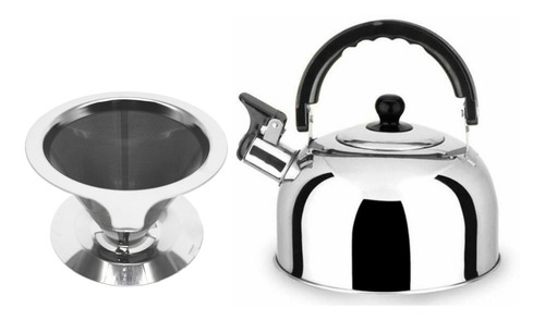 Imagem 1 de 5 de Kit Jogo Chaleira Apito Filtro Coador Café Inox Reutilizavel