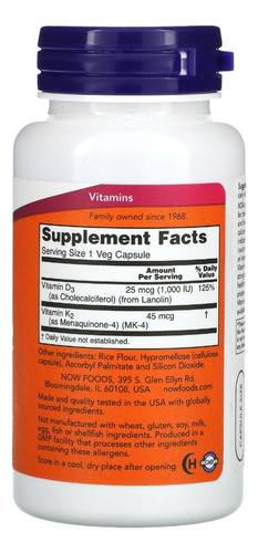 Vitamina D3 K2 Now Foods Concentrado 1000 Ui 120 Sem Sabor