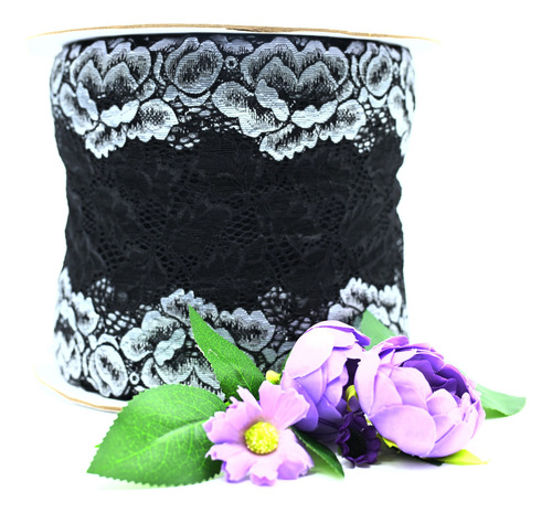 Rollo De Encaje Bicolor Floral De Alta Calidad 7014 Blanco