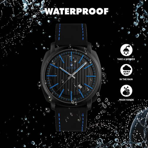 Reloj Minimalista Elegante Seger 9169 Analogico Fecha Cuero Color De La Malla Negro/azul
