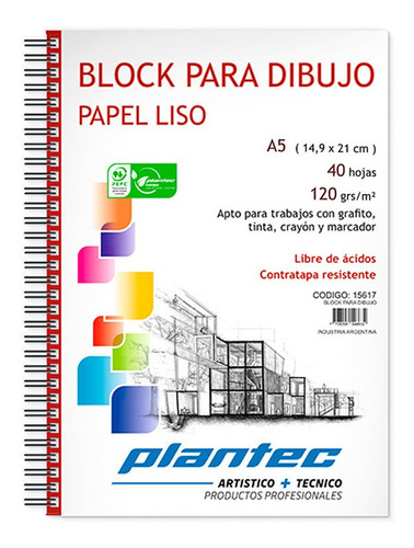 Block Para Dibujo Plantec Anillado A5 Liso 120gr 40hjs