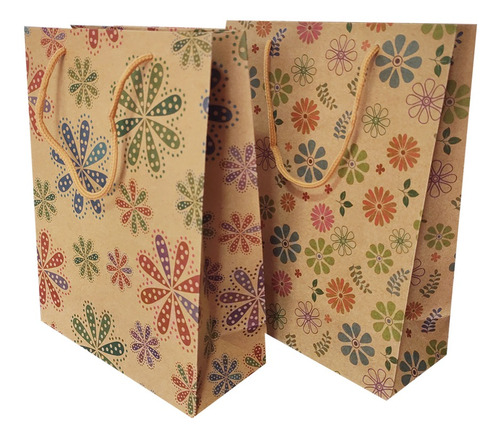 Imagem 3 de 3 de Sacolas Para Presentes Decoradas Kraft Floral Com 12