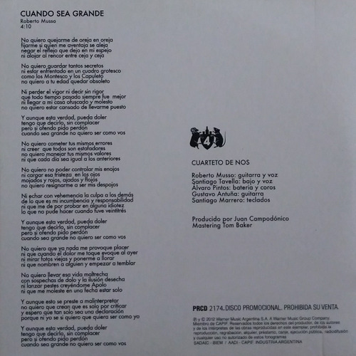 Cd Cuarteto De Nos Cuando Sea Grande Single Difusión