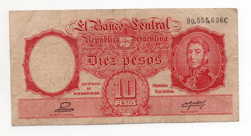 Billete Argentina 10 Pesos Moneda Nacional Bottero 1946 B+