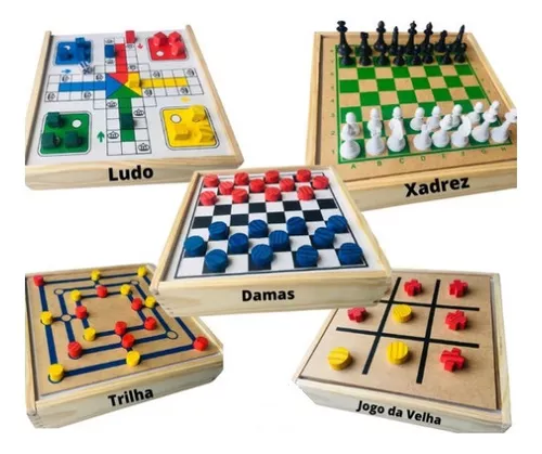 Jogo 4x1 Kit Jogos Xadrez Ludo Damas e Trilha em madeira MDF Formato de  estojo Acompanha Regras de Todos os Jogos