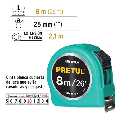 Wincha Cinta Métrica Flexómetro Verde 8 M Cinta 25 Mm