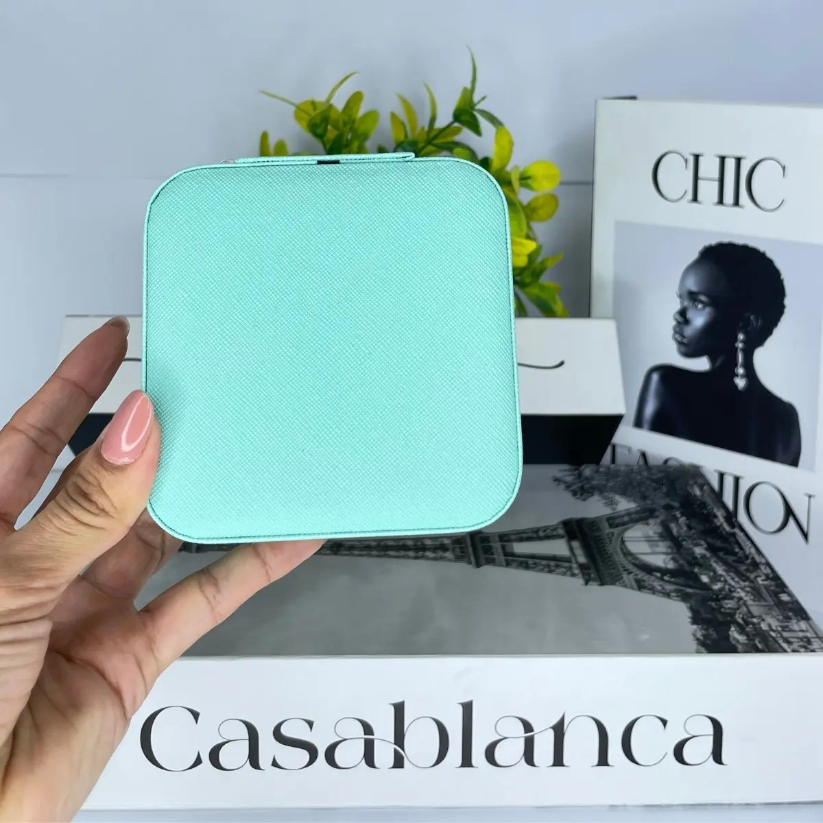 Mini Porta Jóias Portátil Verde Água 7 Divisórias Couro Sintético